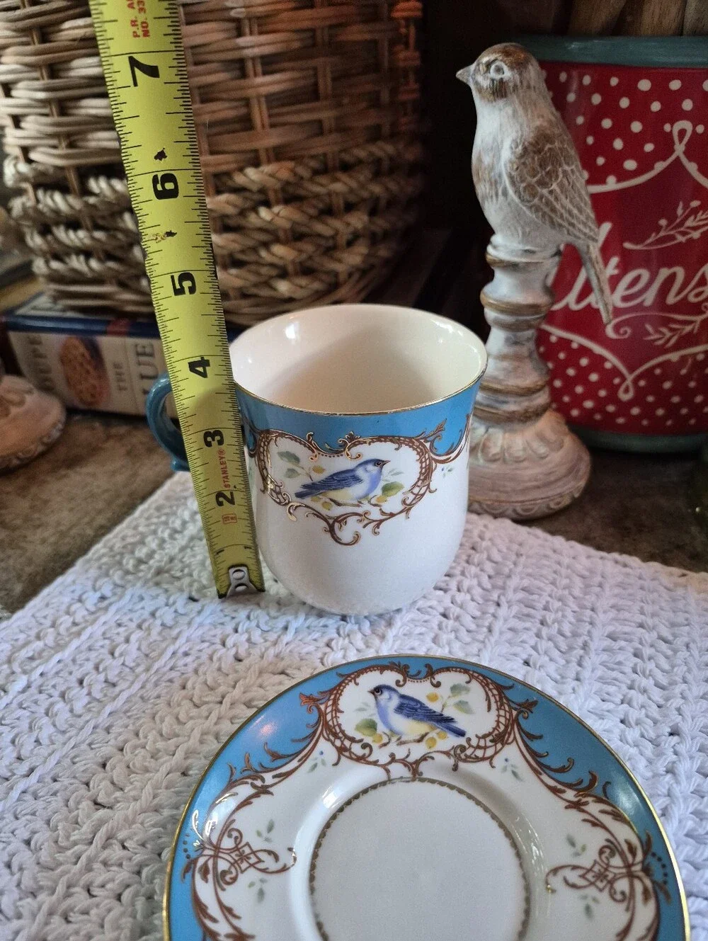 Vtg Gracie China Coastline Imports Teacup & Saucer Gold Scroll Blue Bird Pattern